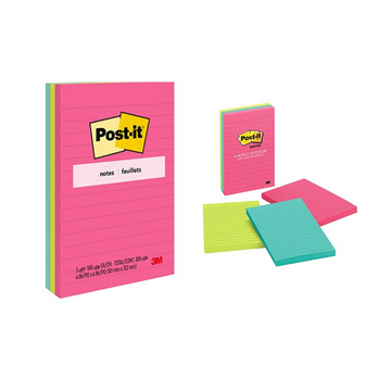 Post It Notes - 660 3AN Lined Notes - Neon Assorted Colours - Pack of 3